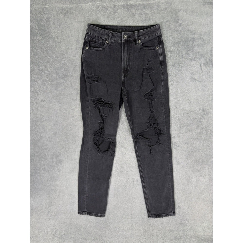 American Eagle‎ Jeans Womens 2 Black Distressed Denim Mom Relaxed High Rise